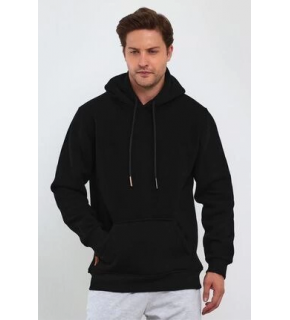 Erkek 3 İplik Pamuklu Kapüşonlu Cepli Oversize Hoodie Sweatshirt - Siyah
