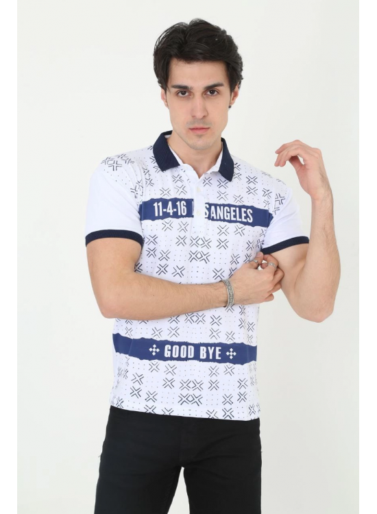 Erkek Polo Yaka Tişört Slim Fit Baskılı Kısa Kol T-Shirt - Beyaz Erkek Polo Yaka Tişört Slim Fit Baskılı Kısa Kol T-Shirt - Beyaz