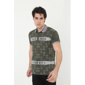 Erkek Polo Yaka tişört Slim Fit Baskılı Kısa kol T-Shirt - Haki