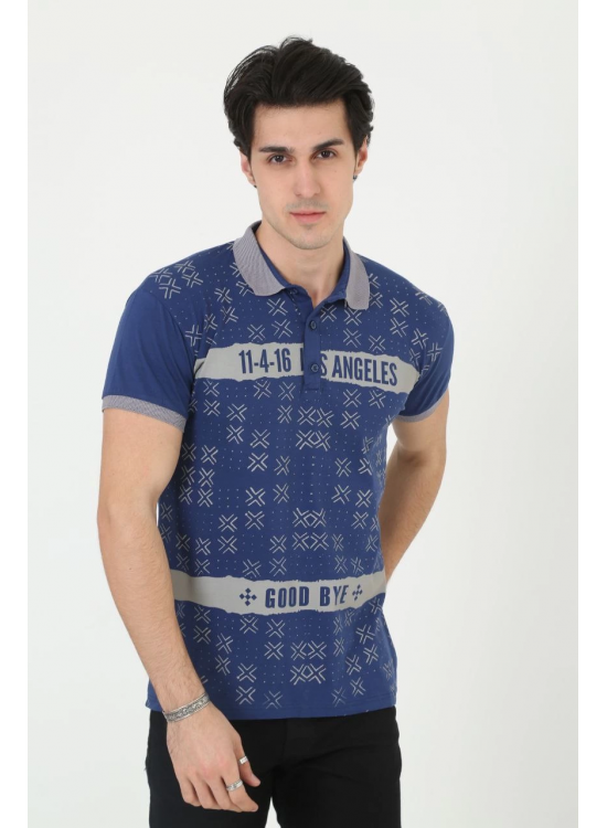 Erkek Polo Yaka tişört Slim Fit Baskılı Kısa kol T-Shirt - Mavi Erkek Polo Yaka tişört Slim Fit Baskılı Kısa kol T-Shirt - Mavi