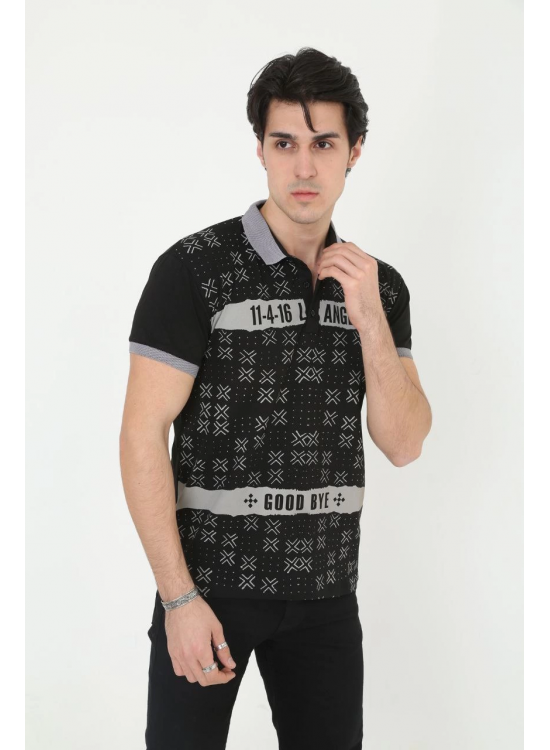 Erkek Polo Yaka tişört Slim Fit Baskılı Kısa kol T-Shirt - Siyah Erkek Polo Yaka tişört Slim Fit Baskılı Kısa kol T-Shirt - Siyah
