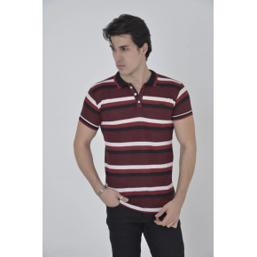 Erkek Polo Yaka tişört Slim Fit Dokuma Çizgili Kısa kol T-Shirt - Bordo