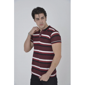 Erkek Polo Yaka tişört Slim Fit Dokuma Çizgili Kısa kol T-Shirt - Bordo