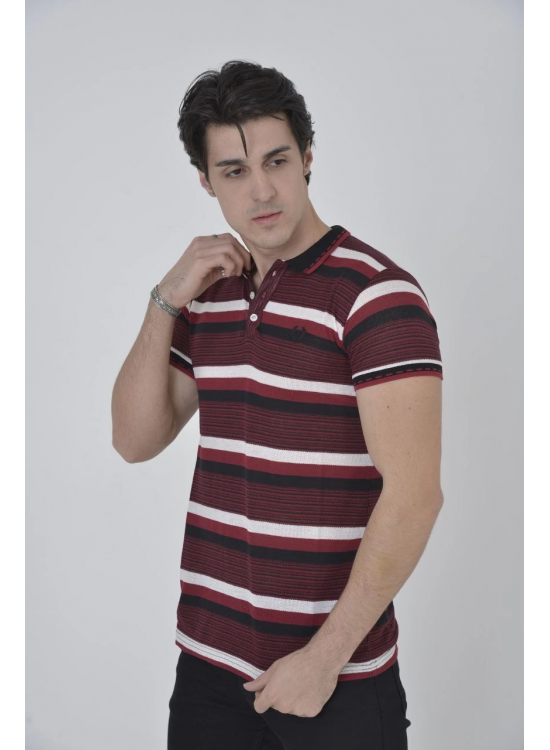 Erkek Polo Yaka tişört Slim Fit Dokuma Çizgili Kısa kol T-Shirt - Bordo Erkek Polo Yaka tişört Slim Fit Dokuma Çizgili Kısa kol T-Shirt - Bordo