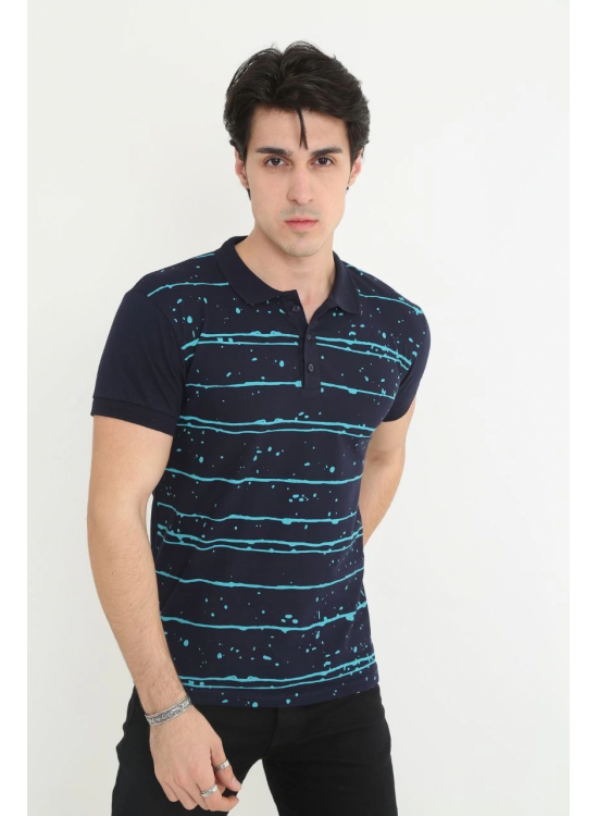 Erkek polo Yaka tişört Slim Fit Pike Çizgili  Kısa kol T-Shirt - Lacivert
