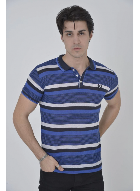Erkek Polo Yaka tişört Slim Fit Dokuma Çizgili T-Shirt - Mavi
