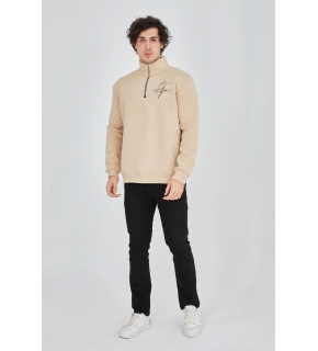 Erkek Yarım Fermuarlı Baskılı 3 iplik pamuklu sweatshirt - Bej