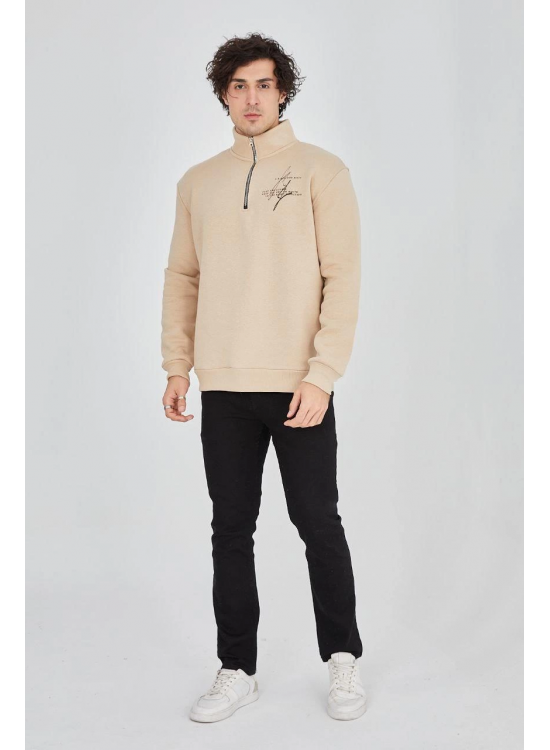 Erkek Yarım Fermuarlı Baskılı 3 iplik pamuklu sweatshirt - Bej Erkek Yarım Fermuarlı Baskılı 3 iplik pamuklu sweatshirt - Bej