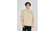 Erkek Yarım Fermuarlı Baskılı 3 iplik pamuklu sweatshirt - Bej Erkek Yarım Fermuarlı Baskılı 3 iplik pamuklu sweatshirt - Bej