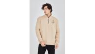 Erkek Yarım Fermuarlı Baskılı 3 iplik pamuklu sweatshirt - Bej Erkek Yarım Fermuarlı Baskılı 3 iplik pamuklu sweatshirt - Bej