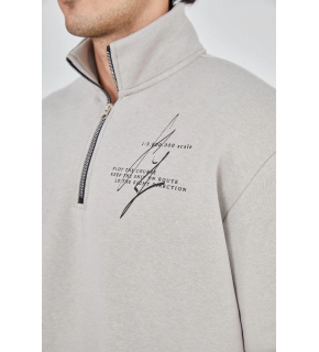 Erkek Yarım Fermuarlı Baskılı 3 iplik pamuklu sweatshirt - Boyalı Gri