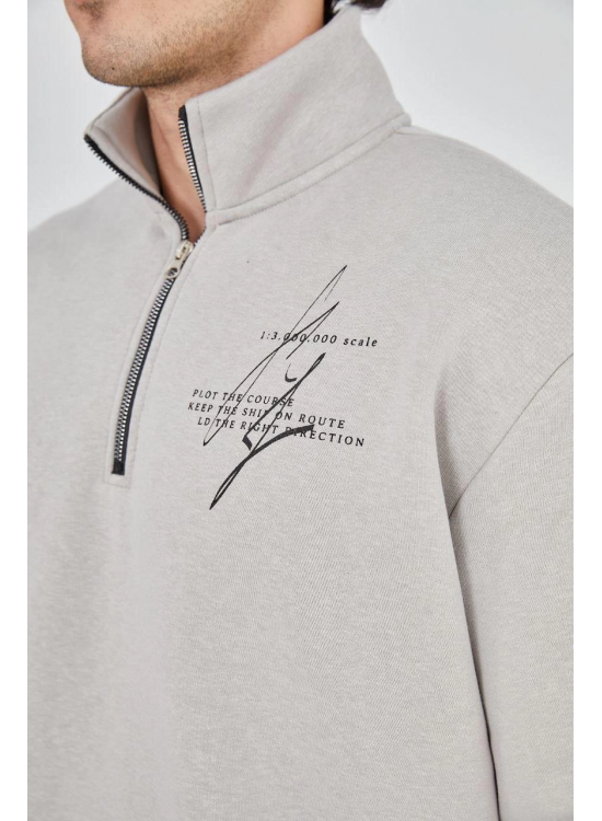 Erkek Yarım Fermuarlı Baskılı 3 iplik pamuklu sweatshirt - Boyalı Gri Erkek Yarım Fermuarlı Baskılı 3 iplik pamuklu sweatshirt - Boyalı Gri