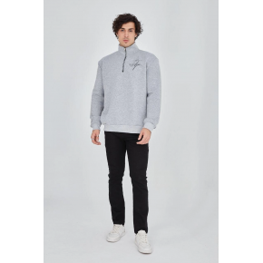 Erkek Yarım Fermuarlı Baskılı 3 iplik pamuklu sweatshirt - Gri