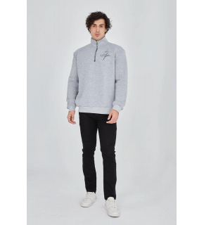 Erkek Yarım Fermuarlı Baskılı 3 iplik pamuklu sweatshirt - Gri