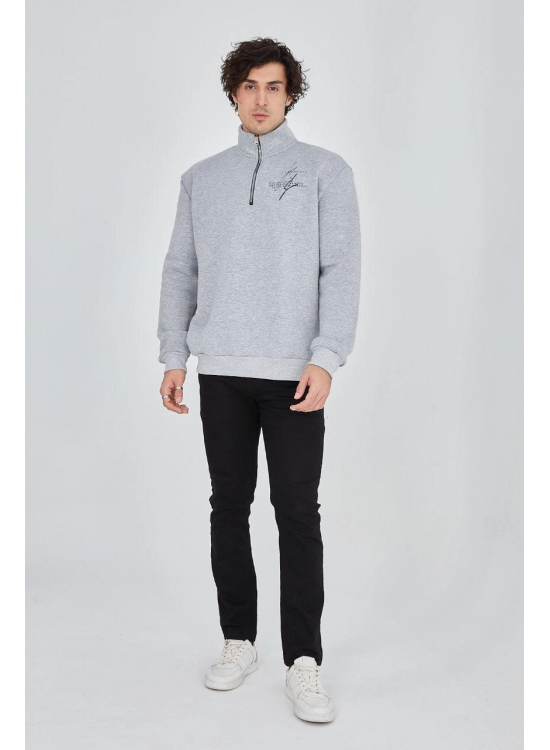 Erkek Yarım Fermuarlı Baskılı 3 iplik pamuklu sweatshirt - Gri Erkek Yarım Fermuarlı Baskılı 3 iplik pamuklu sweatshirt - Gri