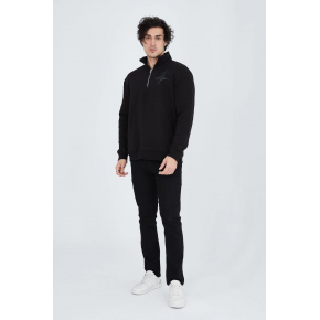 Erkek Yarım Fermuarlı Baskılı 3  iplik pamuklu sweatshirt - Siyah