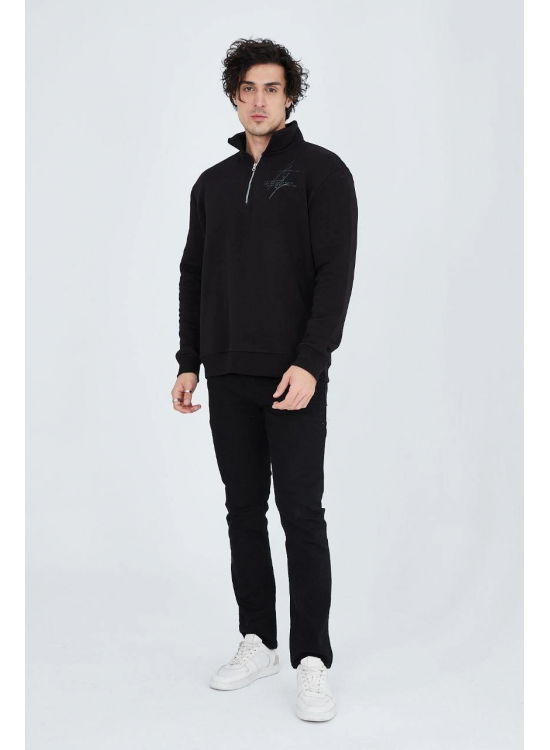 Erkek Yarım Fermuarlı Baskılı 3 iplik pamuklu sweatshirt - Siyah Erkek Yarım Fermuarlı Baskılı 3 iplik pamuklu sweatshirt - Siyah