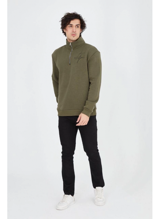 Erkek Yarım Fermuarlı Baskılı 3 iplik pamuklu sweatshirt - Yeşil Erkek Yarım Fermuarlı Baskılı 3 iplik pamuklu sweatshirt - Yeşil