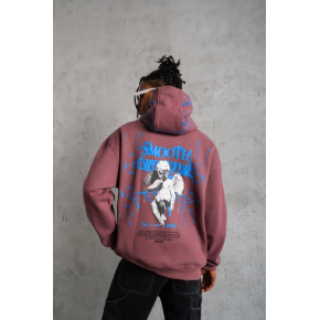 Erkek 3 İplik Pamuklu Kapüşonlu Baskılı Cepli Sweatshirt Hoodie - Gül Kurusu