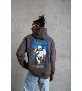 Erkek 3 İplik Pamuklu Kapüşonlu Baskılı Cepli Oversize Sweatshirt Hoodie - Gri