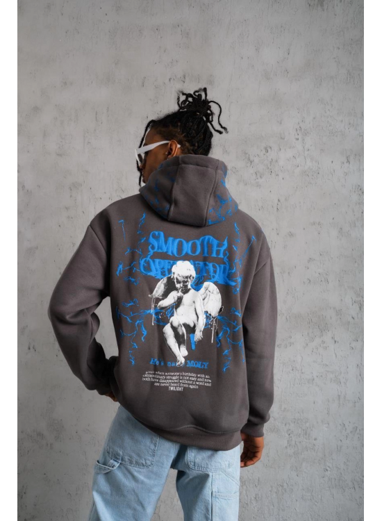Erkek 3 İplik Pamuklu Kapüşonlu Baskılı Cepli Oversize Sweatshirt Hoodie - Gri Erkek 3 İplik Pamuklu Kapüşonlu Baskılı Cepli Oversize Sweatshirt Hoodie - Gri