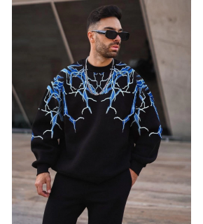 Erkek Yıldırım Baslılı Bisiklet Yaka 3 iplik pamuklu Sweatshirt - Siyah