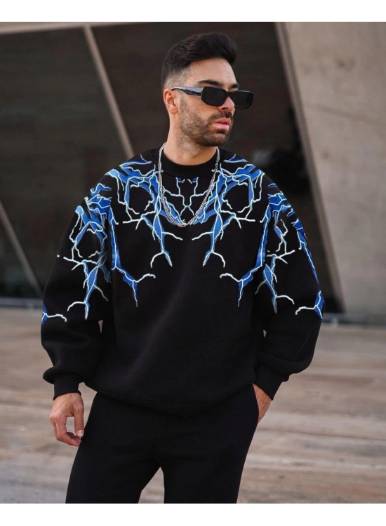 Erkek Yıldırım Baslılı Bisiklet Yaka 3 iplik pamuklu Sweatshirt - Siyah Erkek Yıldırım Baslılı Bisiklet Yaka 3 iplik pamuklu Sweatshirt - Siyah