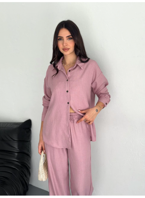 Kadın Gömlek Pantolon ikili Alt-Üst Takım - Toz Pembe Kadın Gömlek Pantolon ikili Alt-Üst Takım - Toz Pembe