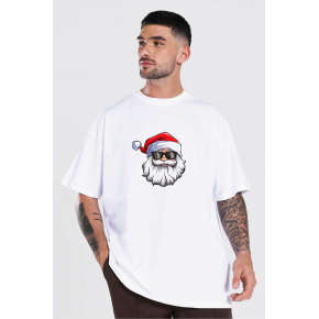 Yılbaşı Gözlüklü Noel Baba Baskılı Kısa Kollu Oversize Bisiklet Yaka T-shirt - Beyaz
