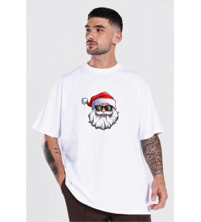 Yılbaşı Gözlüklü Noel Baba Baskılı Kısa Kollu Oversize Bisiklet Yaka T-shirt - Beyaz