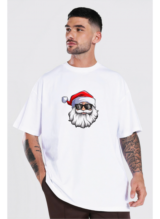 Yılbaşı Gözlüklü Noel Baba Baskılı Kısa Kollu Oversize Bisiklet Yaka T-shirt - Beyaz Yılbaşı Gözlüklü Noel Baba Baskılı Kısa Kollu Oversize Bisiklet Yaka T-shirt - Beyaz