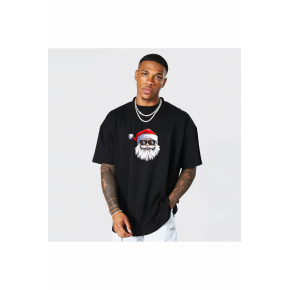 Yılbaşı Gözlüklü Noel Baba Baskılı Kısa Kollu Oversize Bisiklet Yaka T-shirt - Siyah