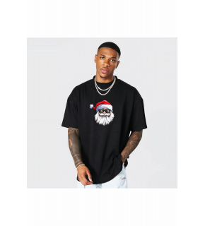 Yılbaşı Gözlüklü Noel Baba Baskılı Kısa Kollu Oversize Bisiklet Yaka T-shirt - Siyah