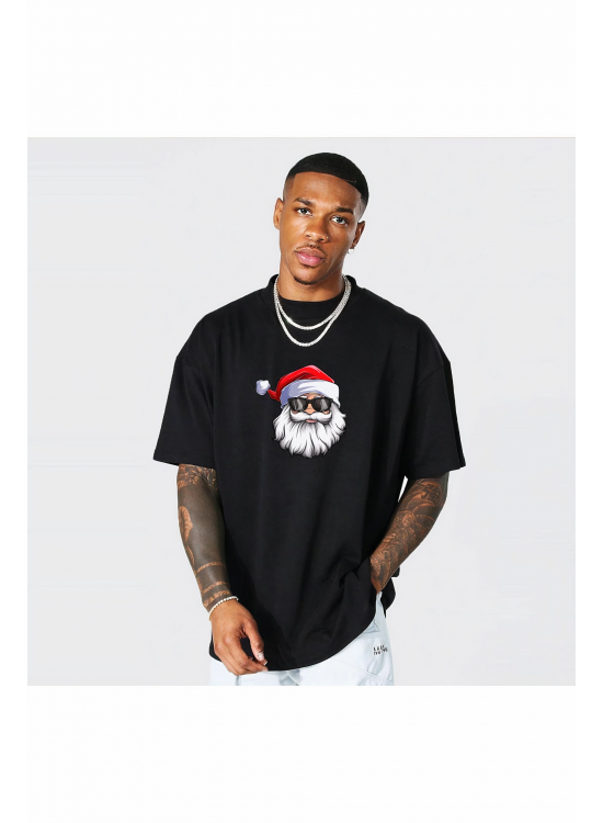 Yılbaşı Gözlüklü Noel Baba Baskılı Kısa Kollu Oversize Bisiklet Yaka T-shirt - Siyah Yılbaşı Gözlüklü Noel Baba Baskılı Kısa Kollu Oversize Bisiklet Yaka T-shirt - Siyah