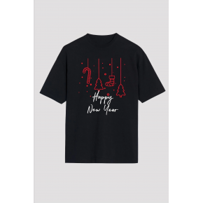 Yılbaşı Happy New Year Baskılı Kısa Kollu Oversize Bisiklet Yaka T-shirt - Siyah