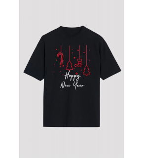 Yılbaşı Happy New Year Baskılı Kısa Kollu Oversize Bisiklet Yaka T-shirt - Siyah