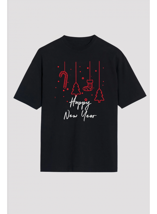 Yılbaşı Happy New Year Baskılı Kısa Kollu Oversize Bisiklet Yaka T-shirt - Siyah Yılbaşı Happy New Year Baskılı Kısa Kollu Oversize Bisiklet Yaka T-shirt - Siyah