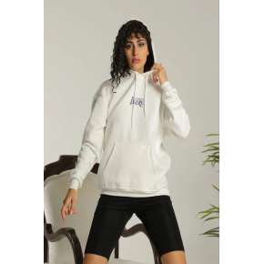 Kadın Oversize Kapüşonlu Cepli Baskılı 3 İplik Pamuklu Hoodie Sweatshirt - Beyaz
