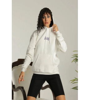 Kadın Oversize Kapüşonlu Cepli Baskılı 3 İplik Pamuklu Hoodie Sweatshirt - Beyaz