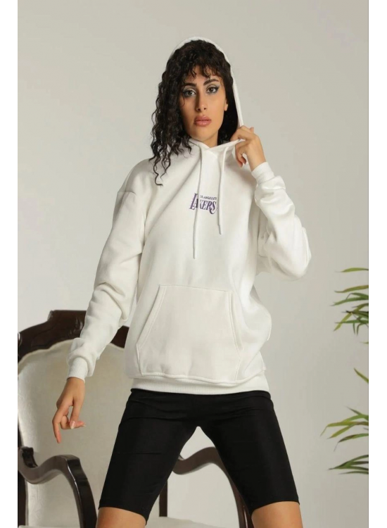 Kadın Oversize Kapüşonlu Cepli Baskılı 3 İplik Pamuklu Hoodie Sweatshirt - Beyaz Kadın Oversize Kapüşonlu Cepli Baskılı 3 İplik Pamuklu Hoodie Sweatshirt - Beyaz