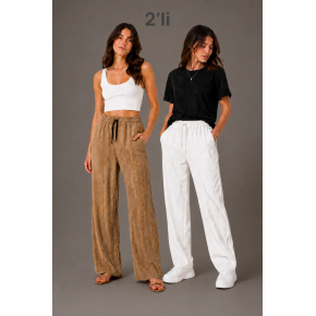 Kadın 2'li Bürümcük Kumaş Beli Lastikli Bağcıklı Bol Paça Pantolon - Beyaz/Vizon