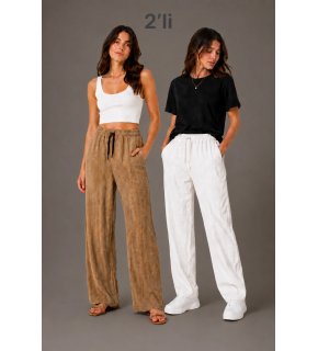 Kadın 2'li Bürümcük Kumaş Beli Lastikli Bağcıklı Bol Paça Pantolon - Beyaz/Vizon