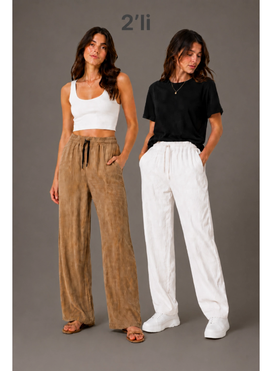 Kadın 2'li Bürümcük Kumaş Beli Lastikli Bağcıklı Bol Paça Pantolon - Beyaz/Vizon Kadın 2'li Bürümcük Kumaş Beli Lastikli Bağcıklı Bol Paça Pantolon - Beyaz/Vizon