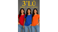 Kadın 3’lü Kısa Kollu Bisiklet Yaka Basic Slim Fit T-Shirt - Kırmızı - Mavi - Turuncu