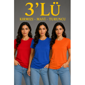 Kadın 3’lü Kısa Kollu Bisiklet Yaka Basic Slim Fit T-Shirt - Kırmızı - Mavi - Turuncu