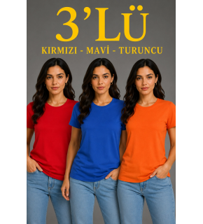 Kadın 3’lü Kısa Kollu Bisiklet Yaka Basic Slim Fit T-Shirt - Kırmızı - Mavi - Turuncu