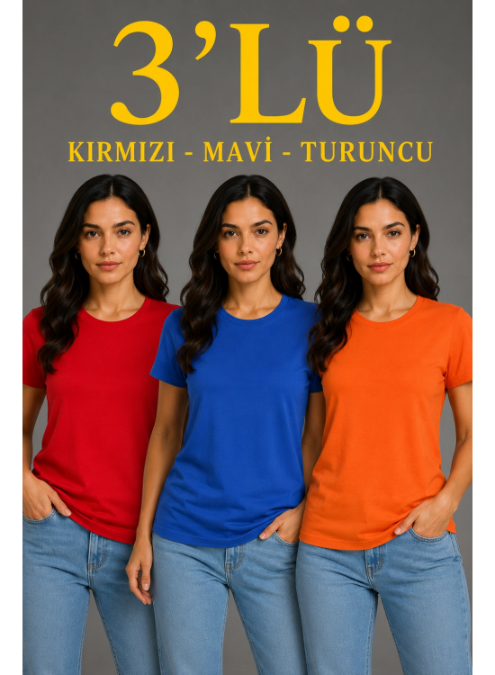 Kadın 3’lü Kısa Kollu Bisiklet Yaka Basic Slim Fit T-Shirt - Kırmızı - Mavi - Turuncu