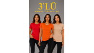 Kadın 3’lü Kısa Kollu Bisiklet Yaka Basic Slim Fit T-Shirt - Kırmızı - Turuncu - Bej