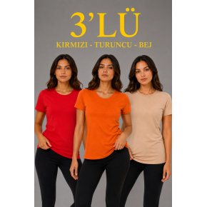 Kadın 3’lü Kısa Kollu Bisiklet Yaka Basic Slim Fit T-Shirt - Kırmızı - Turuncu - Bej