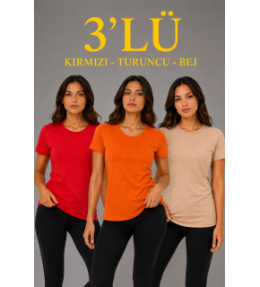 Kadın 3’lü Kısa Kollu Bisiklet Yaka Basic Slim Fit T-Shirt - Kırmızı - Turuncu - Bej